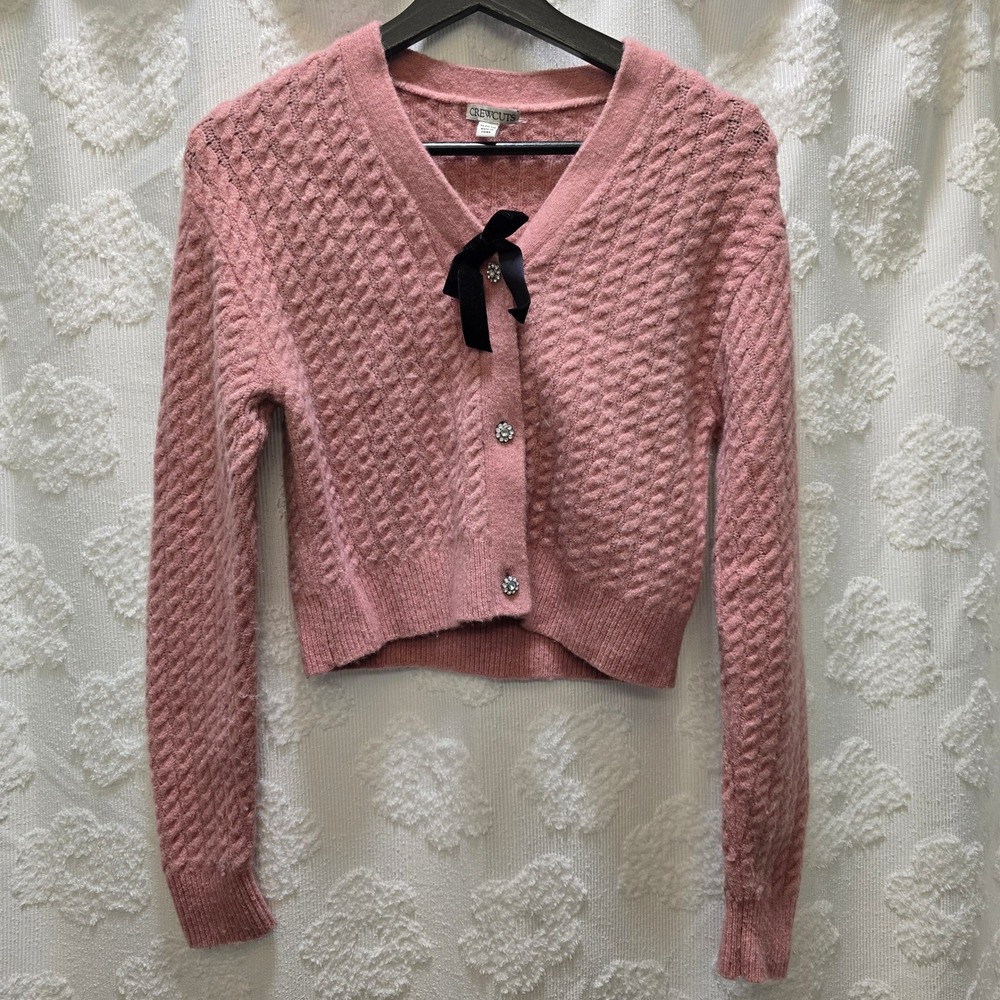 JCrew Crewcuts Girls Pink Merino Alpaca Cropped Cardigan Rhinestone Bow XL 12-13